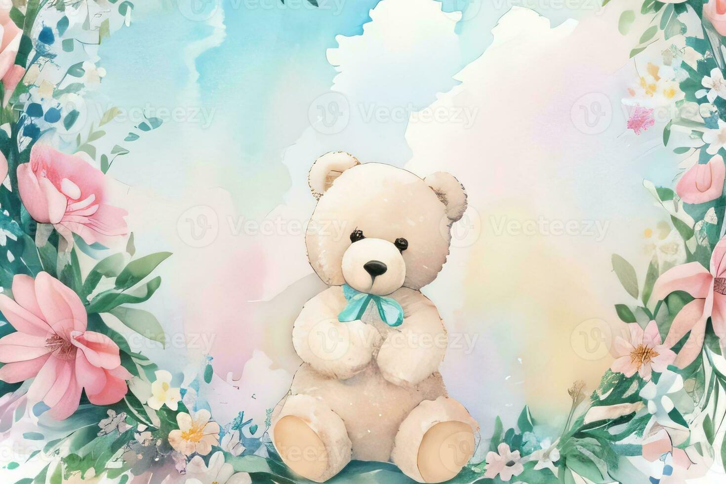 Watercolor Wedding or Birthday Greetings Card Background with Teddy Bear photo