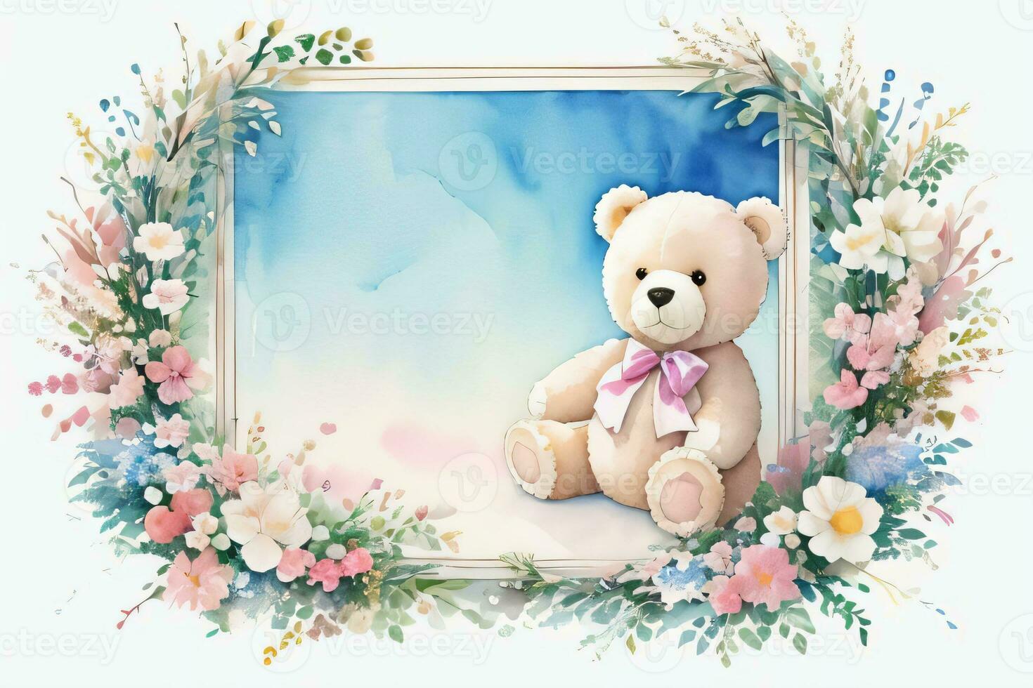 Watercolor Wedding or Birthday Greetings Card Background with Teddy Bear photo