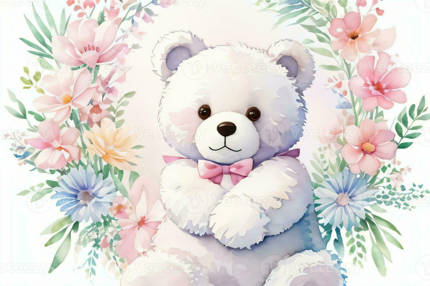 Watercolor Wedding or Birthday Greetings Card Background with Teddy Bear photo