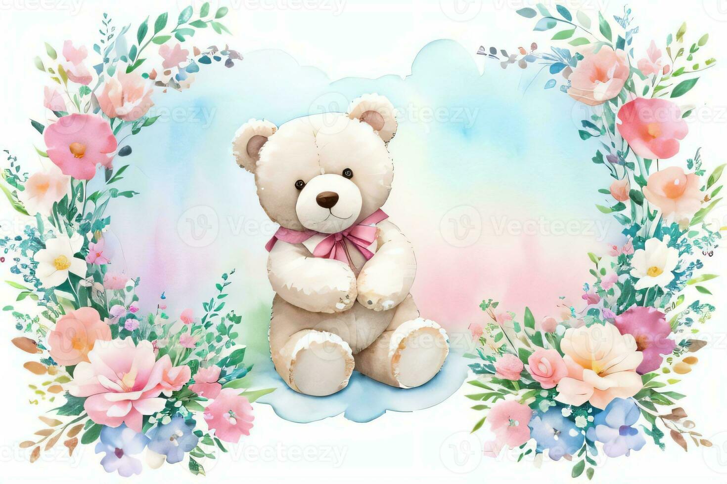 Watercolor Wedding or Birthday Greetings Card Background with Teddy Bear photo