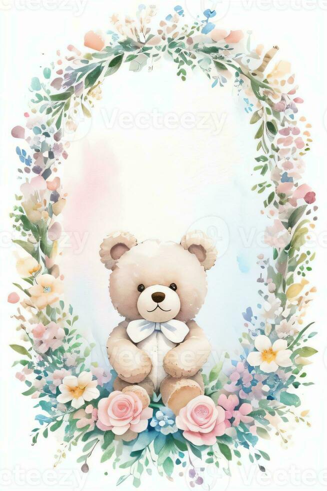 Watercolor Wedding or Birthday Greetings Card Background with Teddy Bear photo