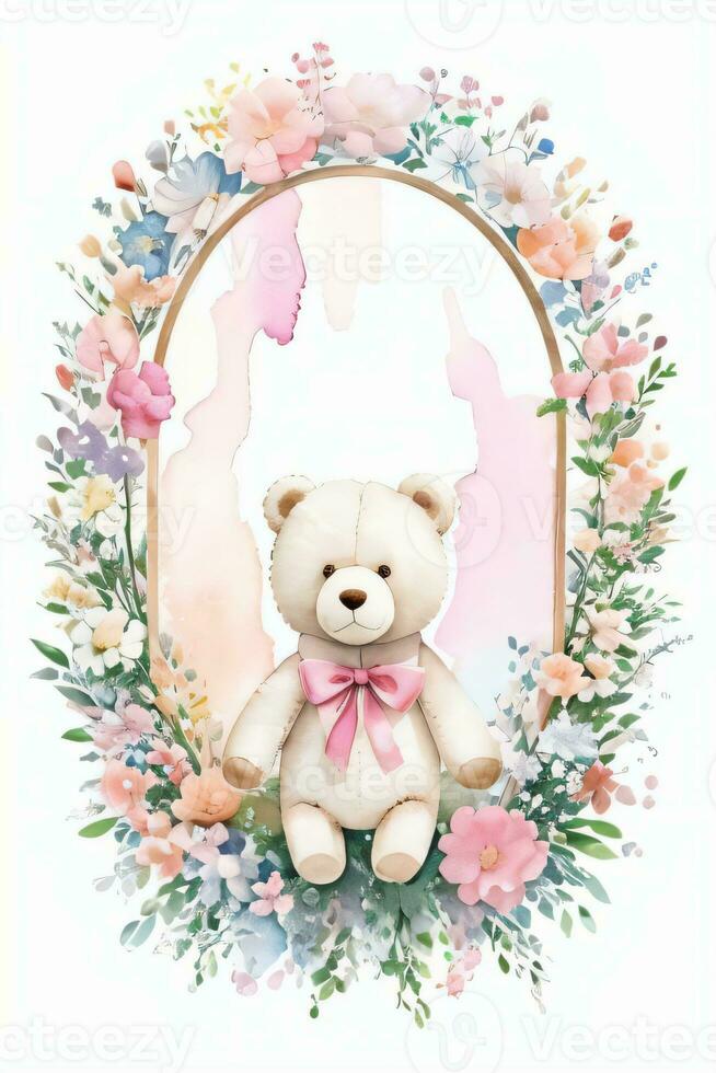 Watercolor Wedding or Birthday Greetings Card Background with Teddy Bear photo