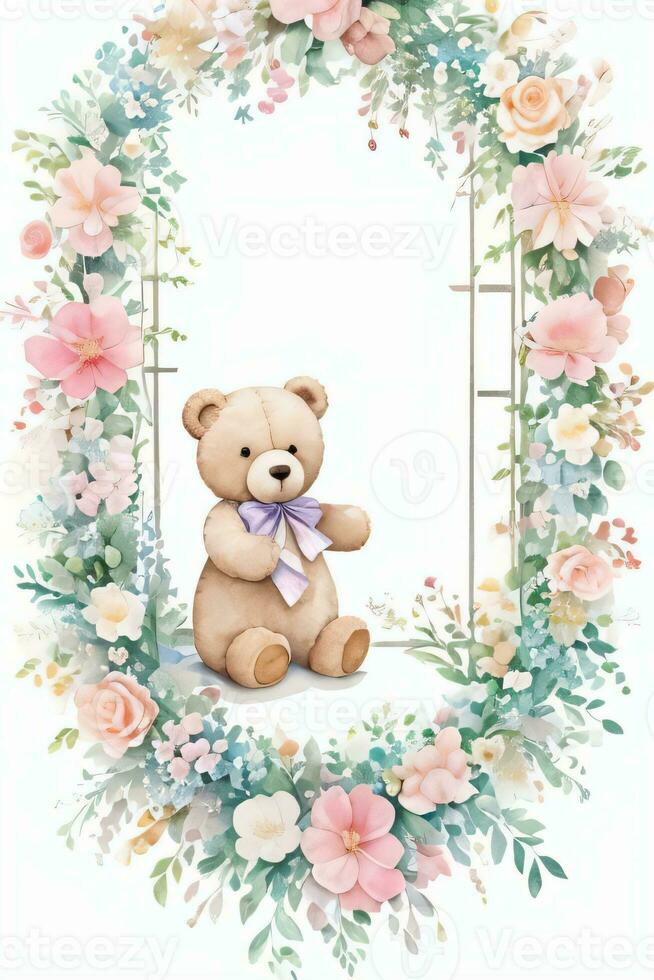 Watercolor Wedding or Birthday Greetings Card Background with Teddy Bear photo