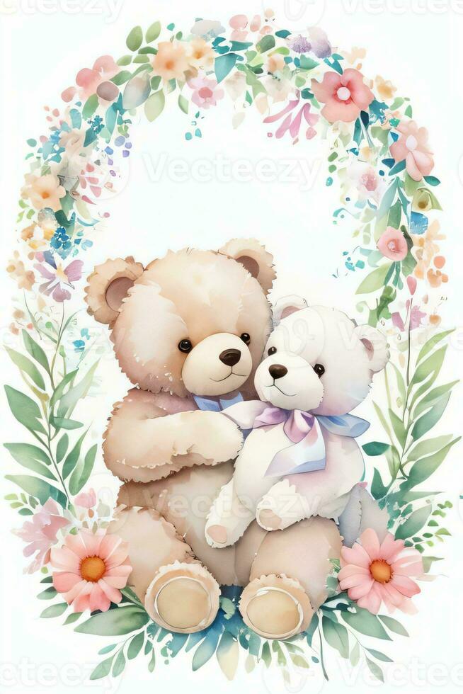 Watercolor Wedding or Birthday Greetings Card Background with Teddy Bear photo