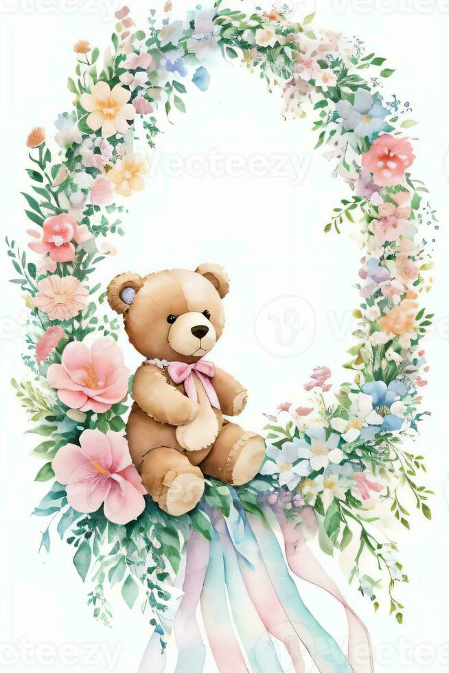 Watercolor Wedding or Birthday Greetings Card Background with Teddy Bear photo