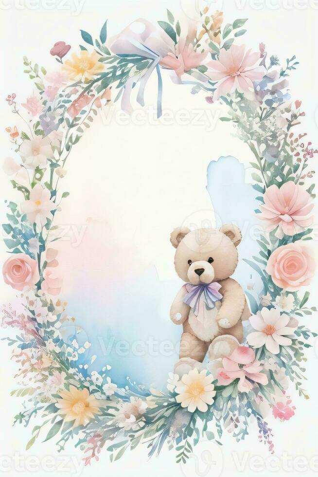 Watercolor Wedding or Birthday Greetings Card Background with Teddy Bear photo