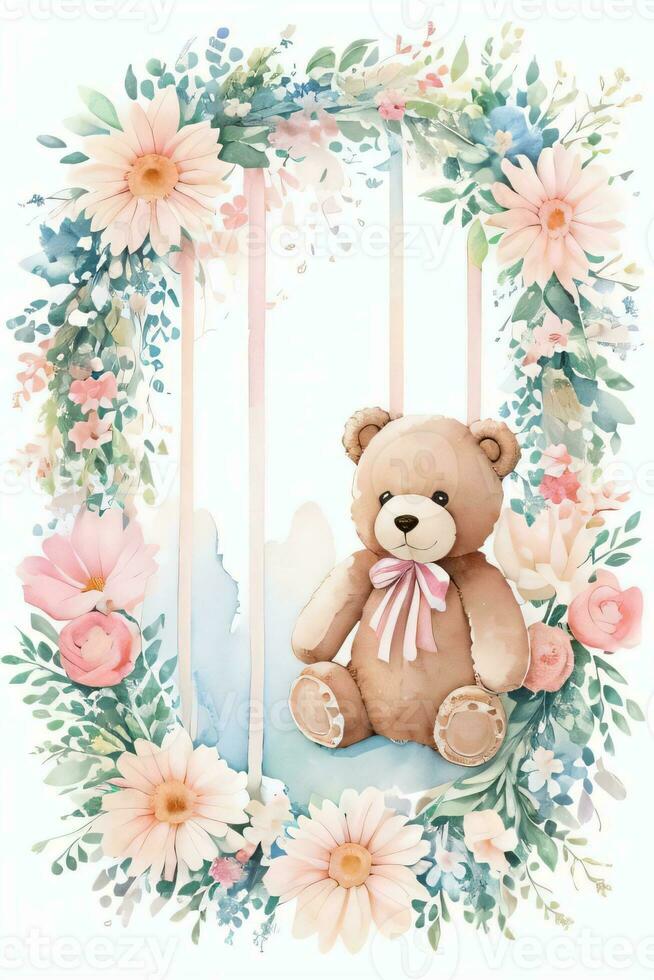 Watercolor Wedding or Birthday Greetings Card Background with Teddy Bear photo