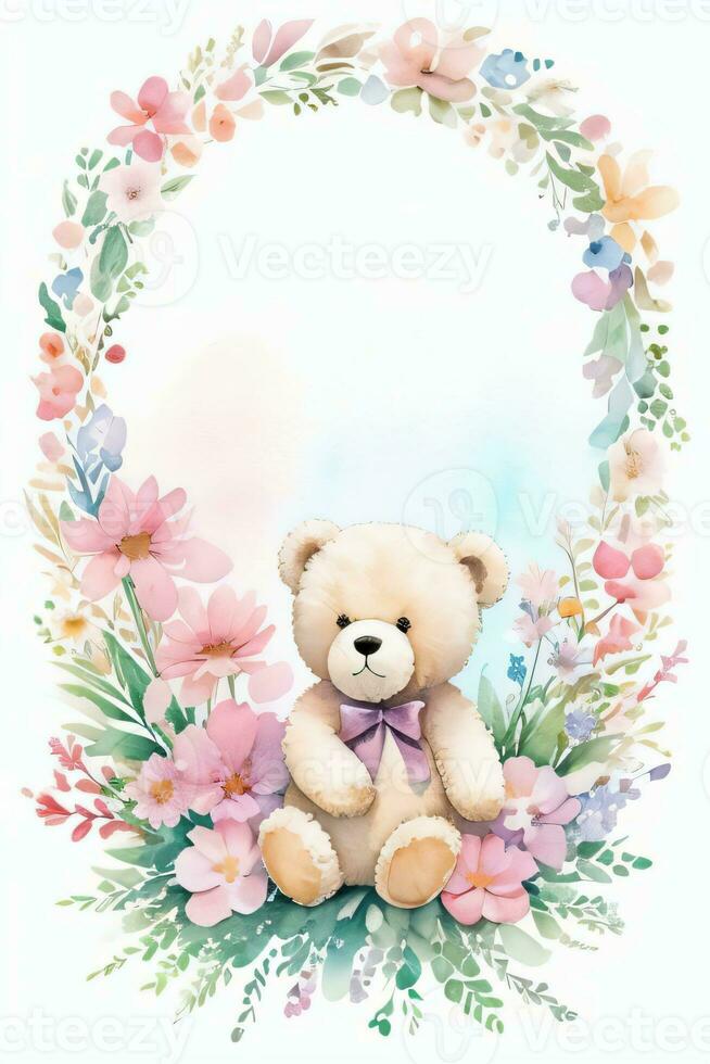 Watercolor Wedding or Birthday Greetings Card Background with Teddy Bear photo