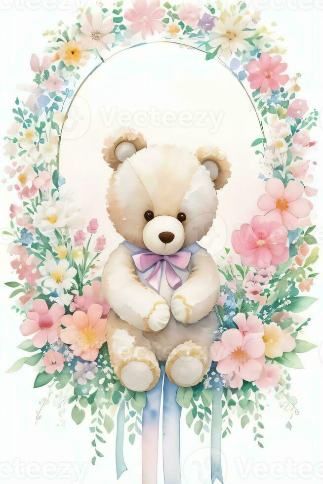 Watercolor Wedding or Birthday Greetings Card Background with Teddy Bear photo