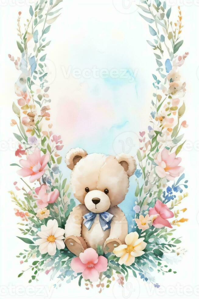 Watercolor Wedding or Birthday Greetings Card Background with Teddy Bear photo