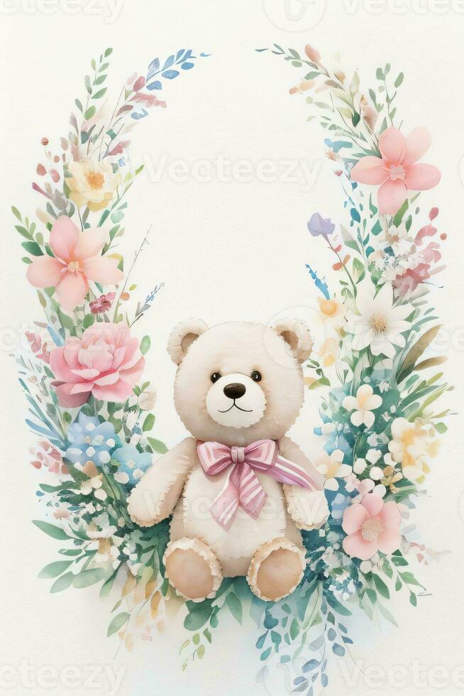 Watercolor Wedding or Birthday Greetings Card Background with Teddy Bear photo