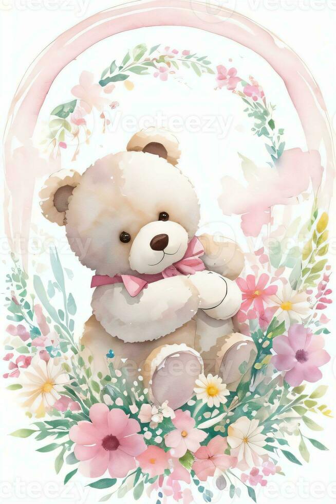 Watercolor Wedding or Birthday Greetings Card Background with Teddy Bear photo