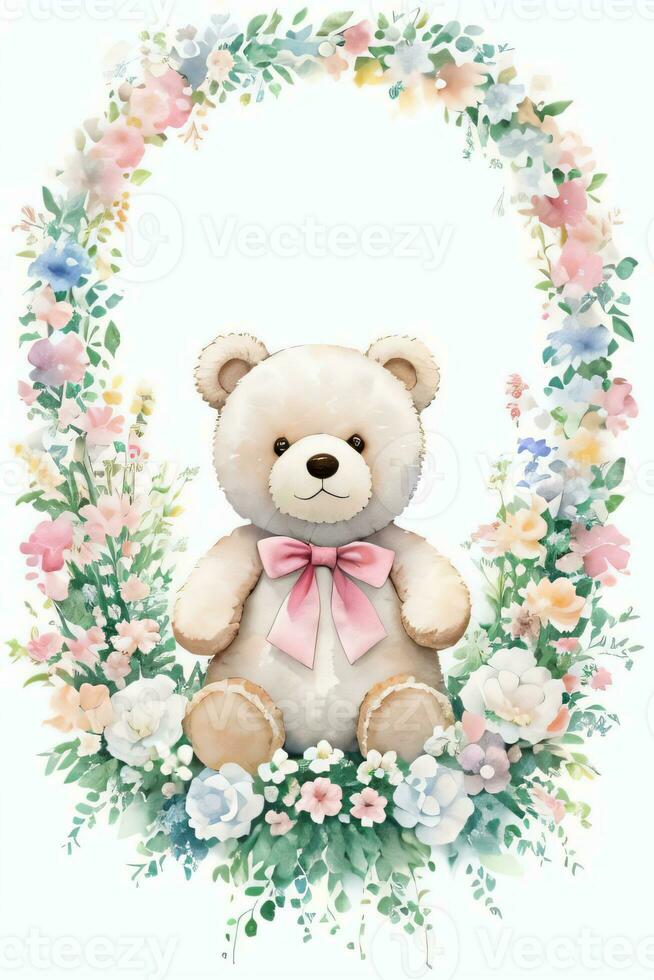 Watercolor Wedding or Birthday Greetings Card Background with Teddy Bear photo