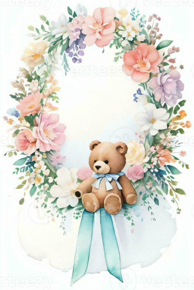 Watercolor Wedding or Birthday Greetings Card Background with Teddy Bear photo