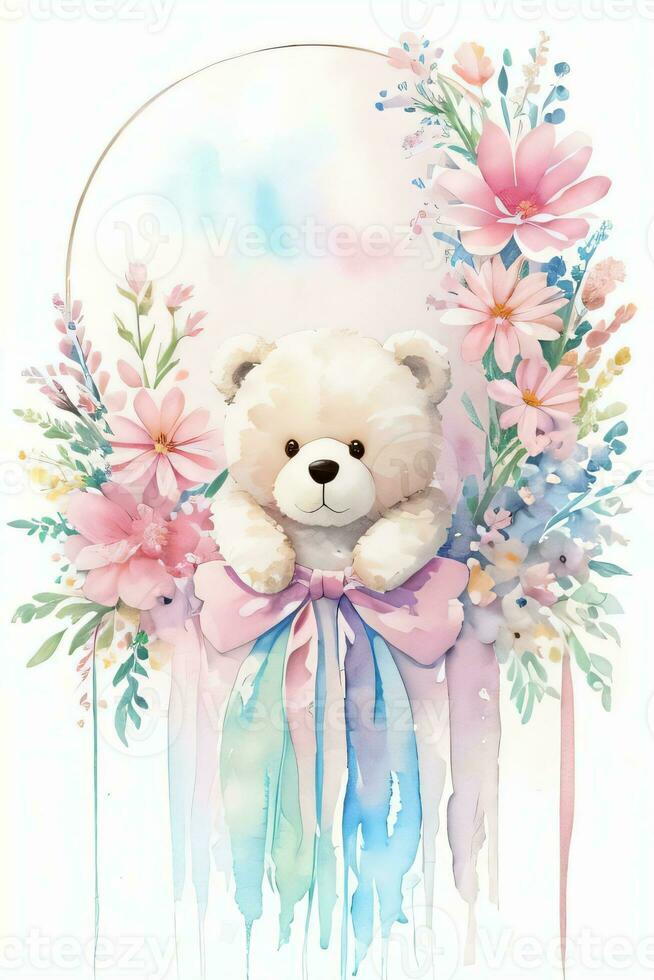 Watercolor Wedding or Birthday Greetings Card Background with Teddy Bear photo