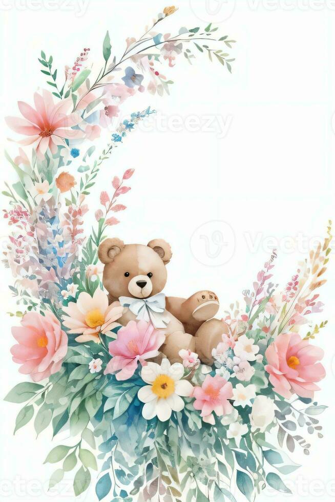 Watercolor Wedding or Birthday Greetings Card Background with Teddy Bear photo