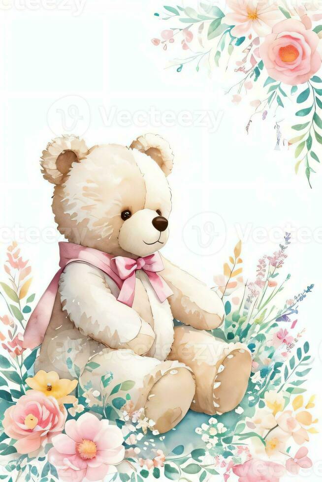 Watercolor Wedding or Birthday Greetings Card Background with Teddy Bear photo