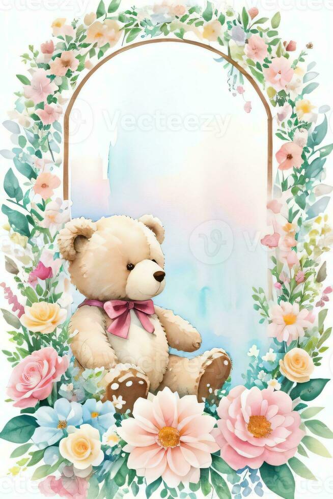 Watercolor Wedding or Birthday Greetings Card Background with Teddy Bear photo