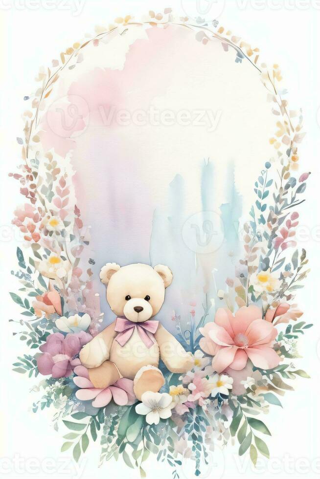 Watercolor Wedding or Birthday Greetings Card Background with Teddy Bear photo