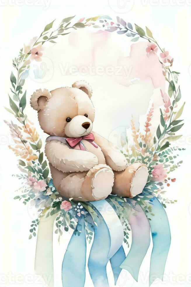 Watercolor Wedding or Birthday Greetings Card Background with Teddy Bear photo