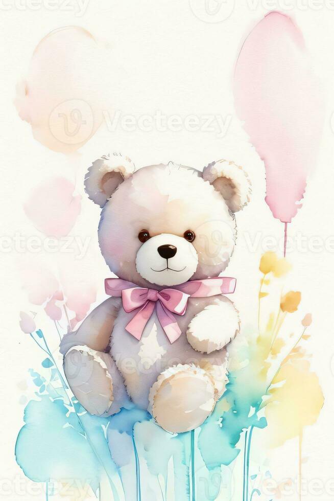 Watercolor Wedding or Birthday Greetings Card Background with Teddy Bear photo