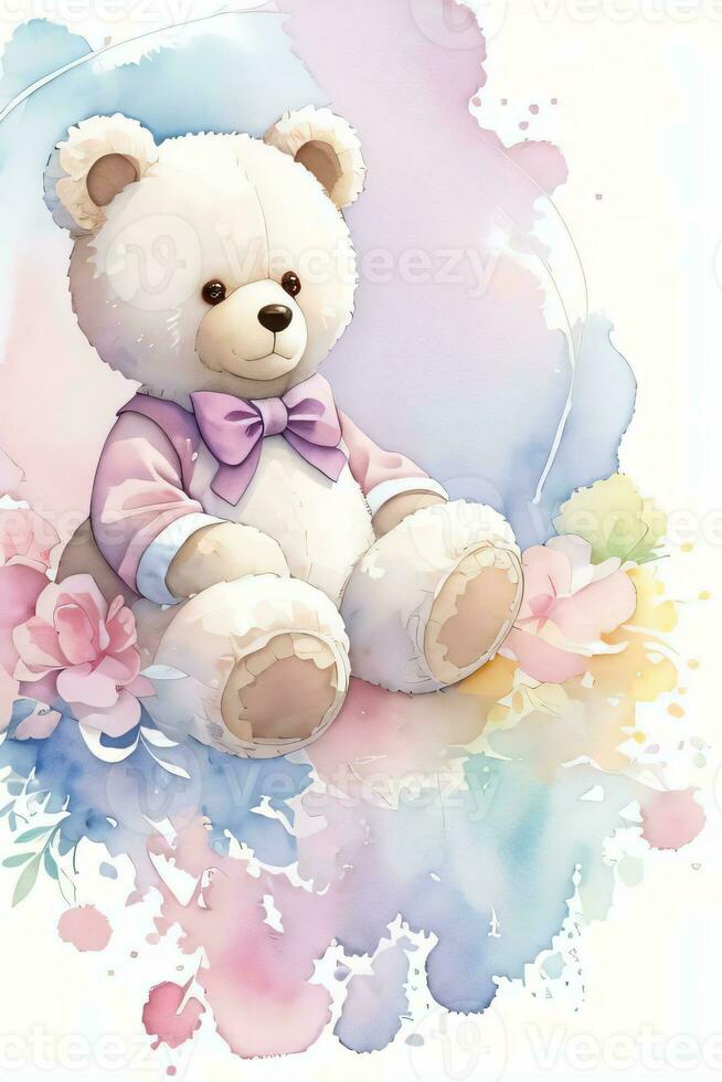 Watercolor Wedding or Birthday Greetings Card Background with Teddy Bear photo