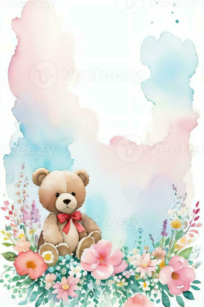 Watercolor Wedding or Birthday Greetings Card Background with Teddy Bear photo