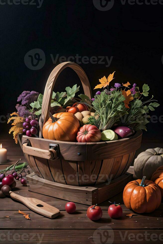 Studio Photo of the Basket With Autumn Harvest Vegetables