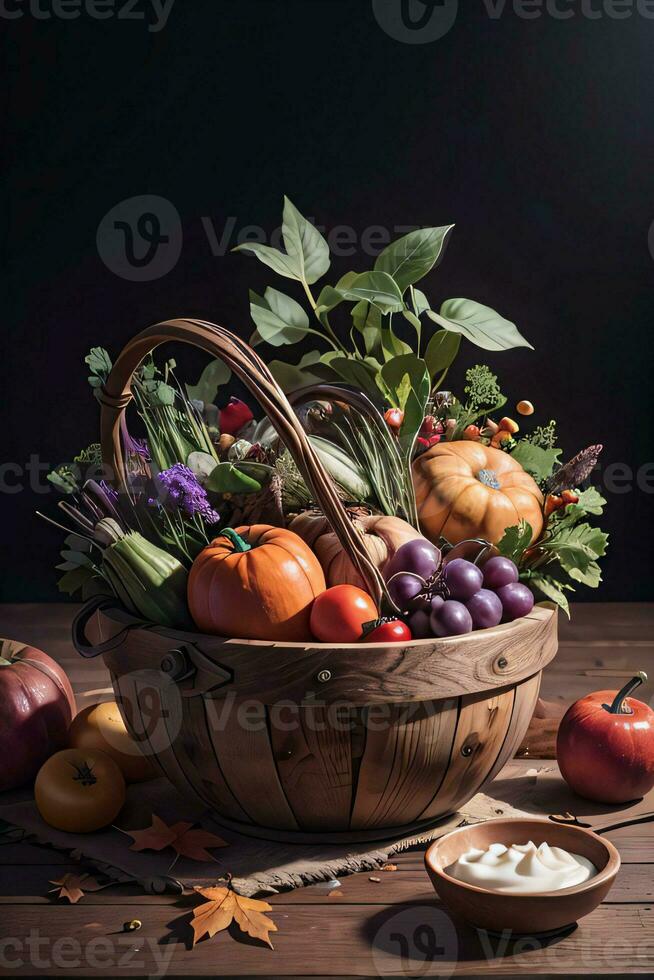 Studio Photo of the Basket With Autumn Harvest Vegetables