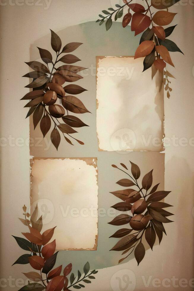 Vintage Background With Watercolor Coffee Beans and Leaves Cafe Template photo