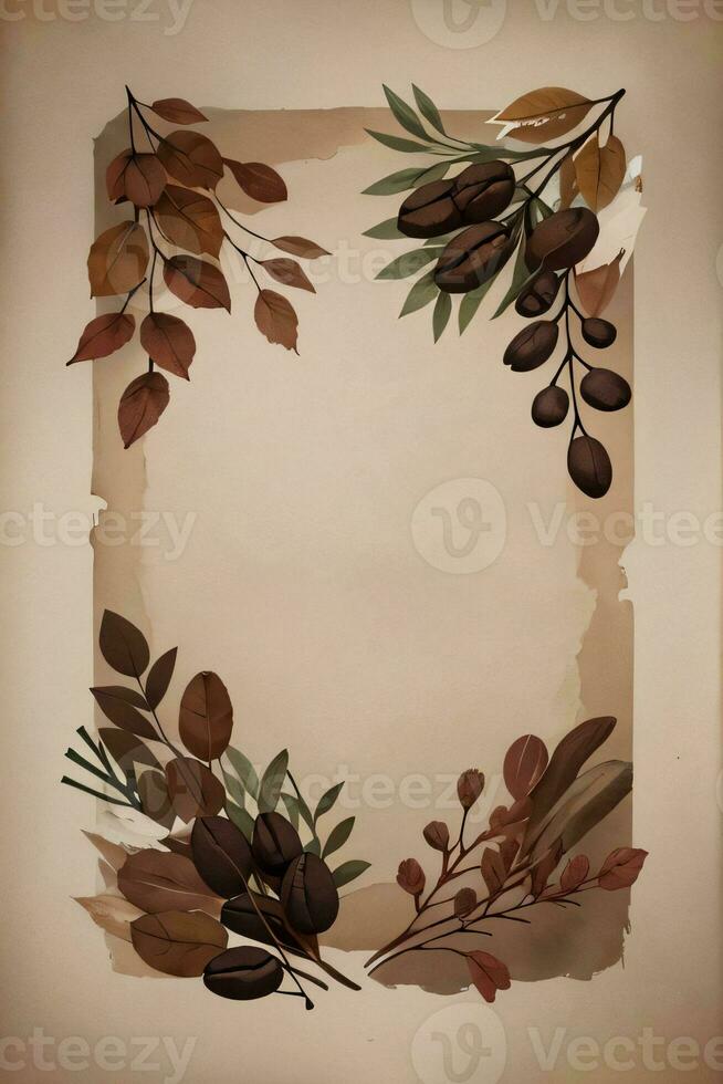 Vintage Background With Watercolor Coffee Beans and Leaves Cafe Template photo