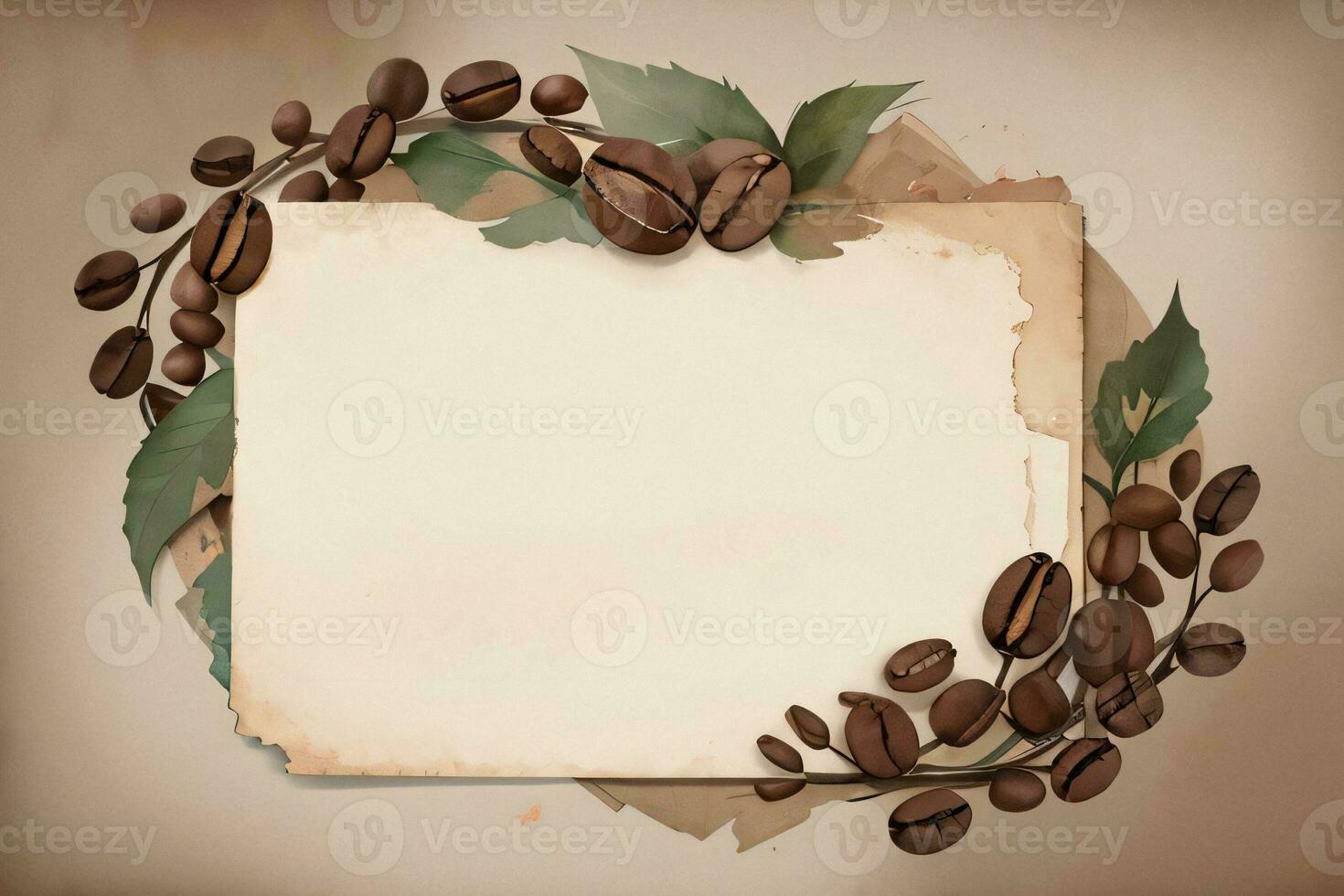 Vintage Background With Watercolor Coffee Beans and Leaves Cafe Template photo