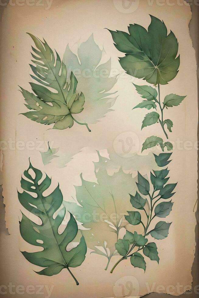 Vintage paper with leaves texture background photo