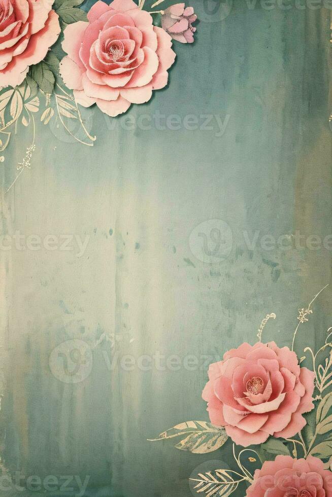 Vintage retro vibe paper texture with watercolor flowers photo