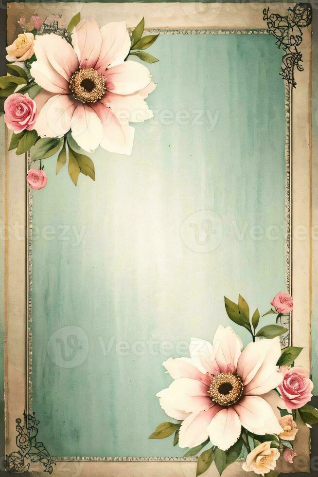 Vintage retro vibe paper texture with watercolor flowers photo