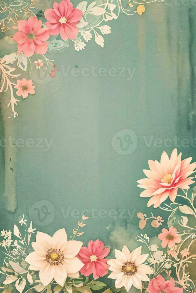 Vintage retro vibe paper texture with watercolor flowers photo