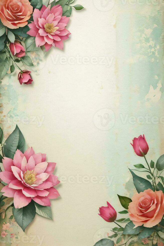 Vintage retro vibe paper texture with watercolor flowers photo