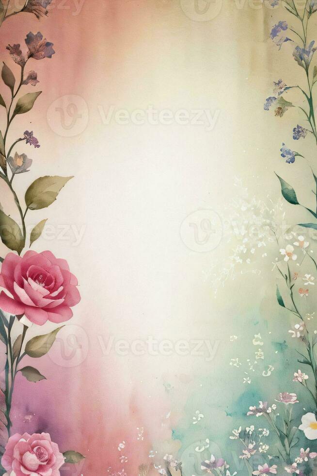 Vintage retro vibe paper texture with watercolor flowers photo