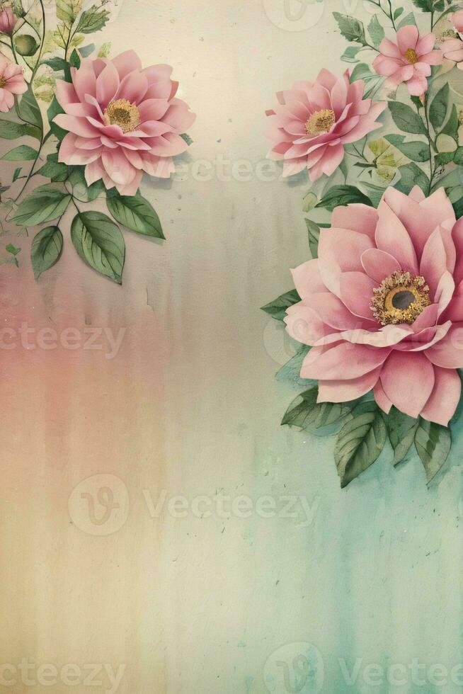 Vintage retro vibe paper texture with watercolor flowers photo