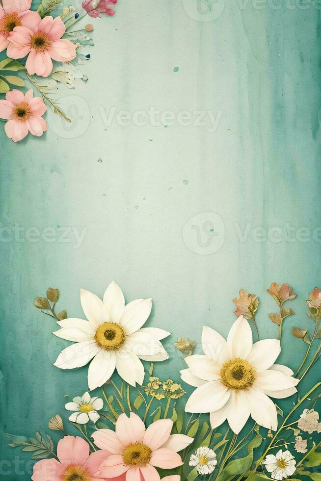 Vintage retro vibe paper texture with watercolor flowers photo