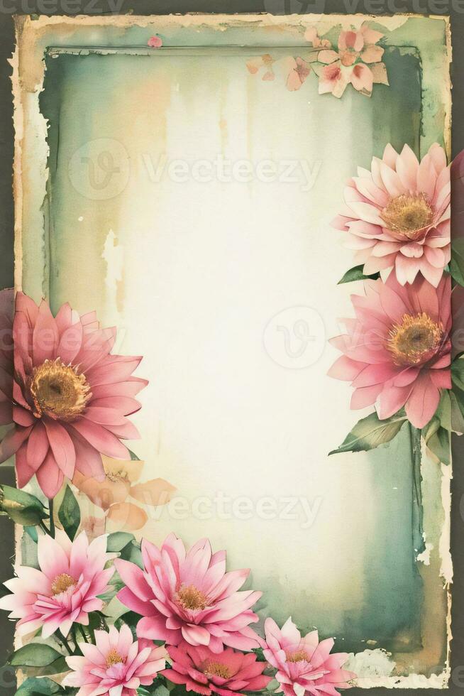 Vintage retro vibe paper texture with watercolor flowers photo