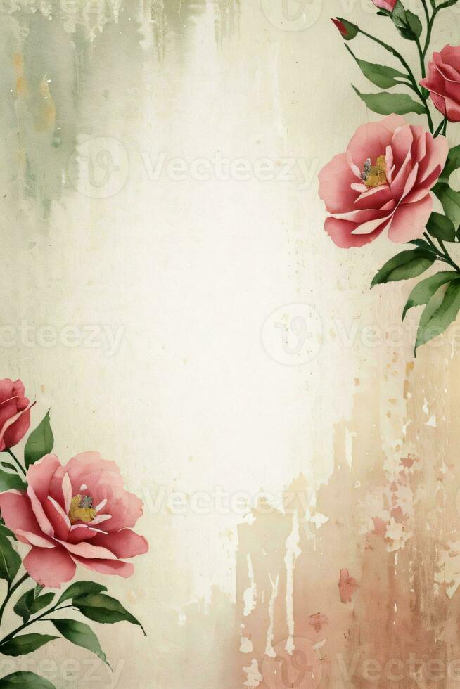 Vintage retro vibe paper texture with watercolor flowers photo