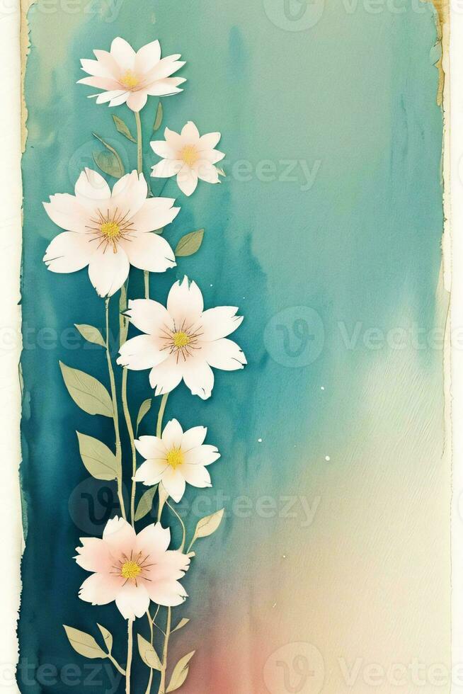 Vintage retro vibe paper texture with watercolor flowers photo