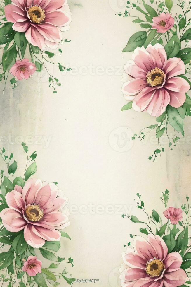 Vintage retro vibe paper texture with watercolor flowers photo