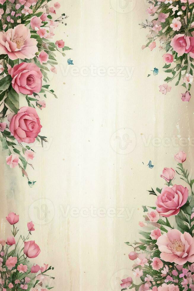 Vintage retro vibe paper texture with watercolor flowers photo