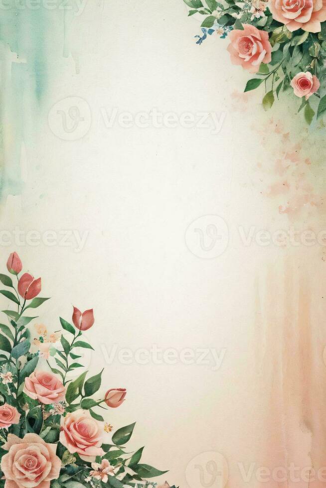 Vintage retro vibe paper texture with watercolor flowers photo