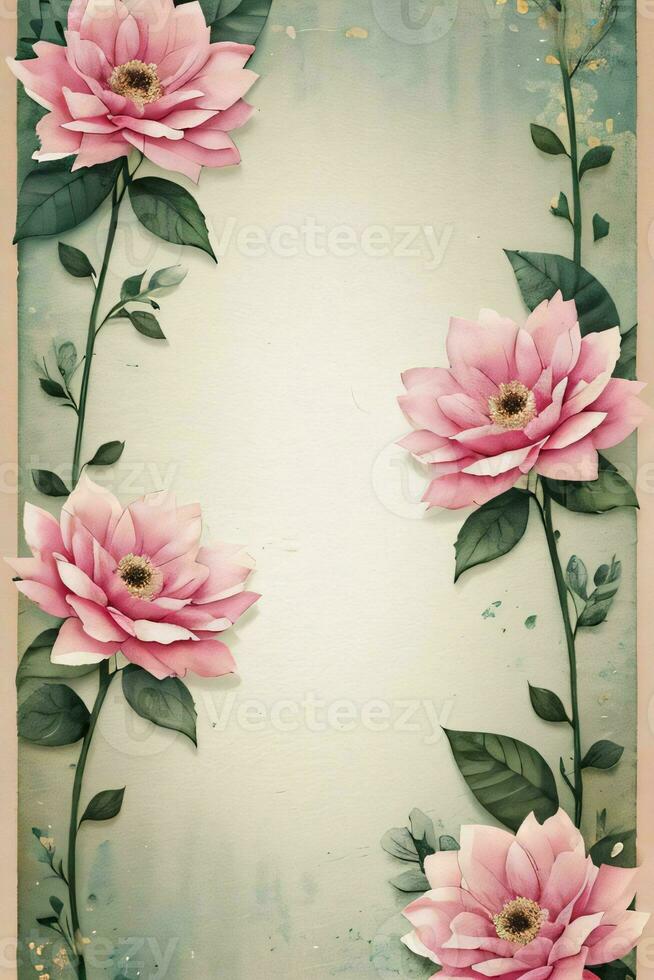 Vintage retro vibe paper texture with watercolor flowers photo