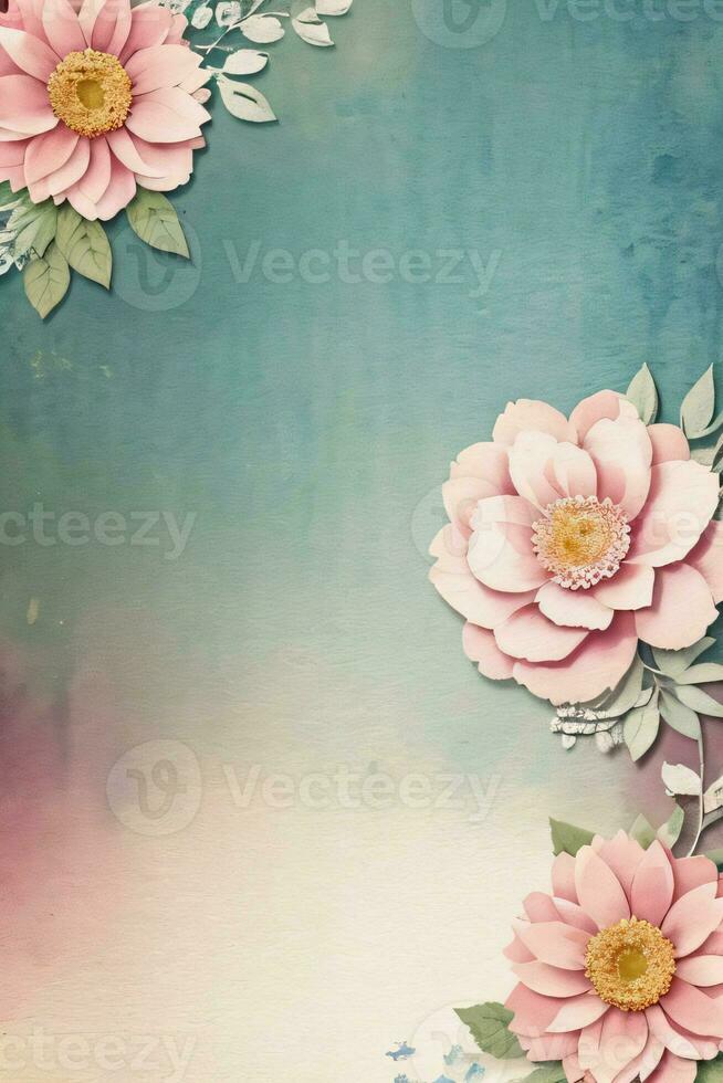 Vintage retro vibe paper texture with watercolor flowers photo