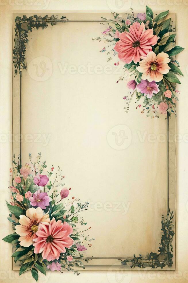 Vintage retro vibe paper texture with watercolor flowers photo