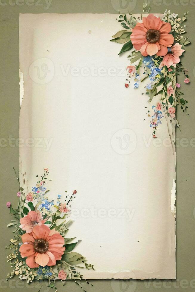 Vintage retro vibe paper texture with watercolor flowers photo